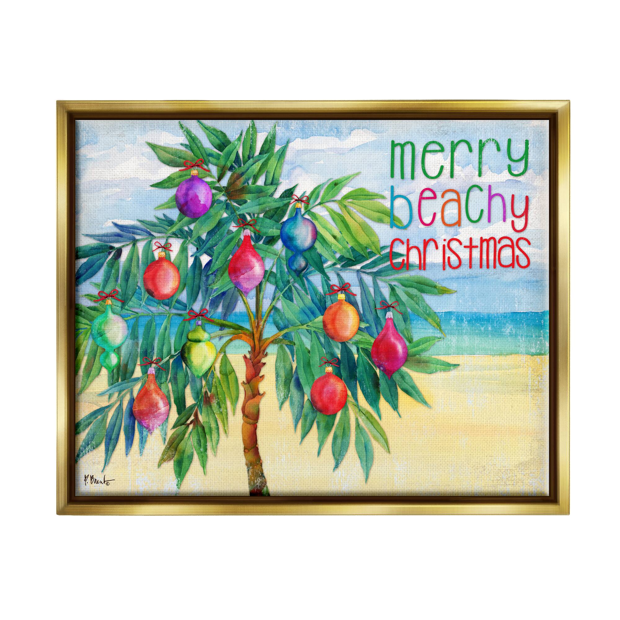 Stupell Industries Merry Beachy Christmas Holiday Palm Gold Framed Floater Canvas Wall Art